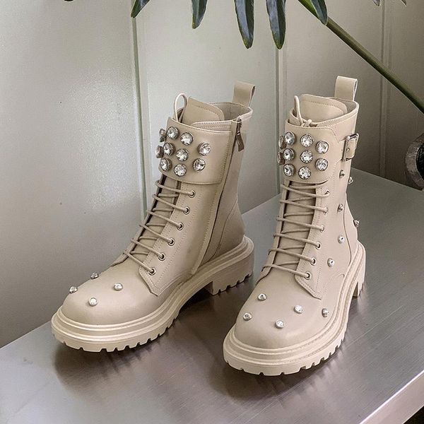 

boots ankle women genuine cow leather lace-up round toe lady booties autumn winter platform sole shoes handmade, Black