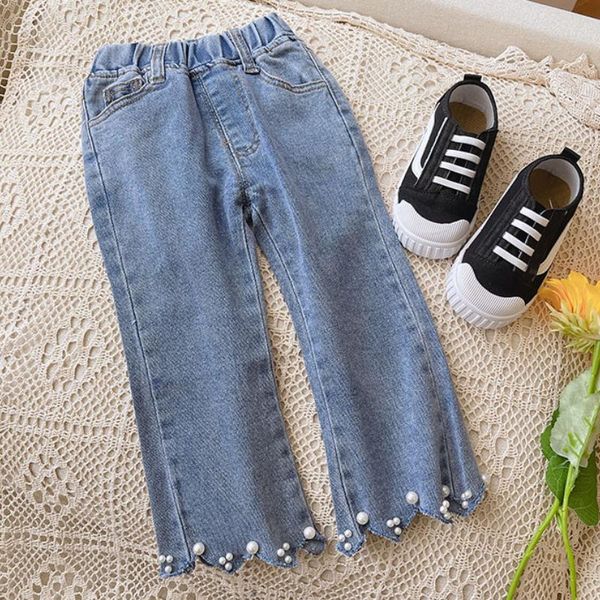 

jeans wlg kids girls spring fall denim blue solid pearls boot cut jean baby girl casual trousers for 2-6 years