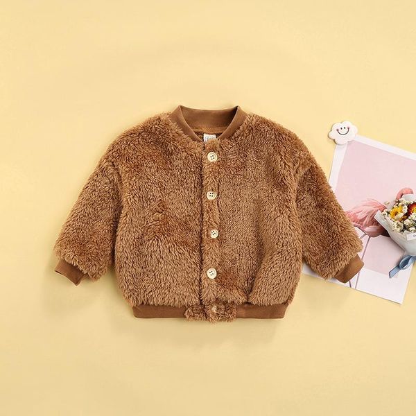 

jackets children fleece coat with pockets solid color round collar button-down thermal jacket, khaki/ beige 2-6 years, Blue;gray