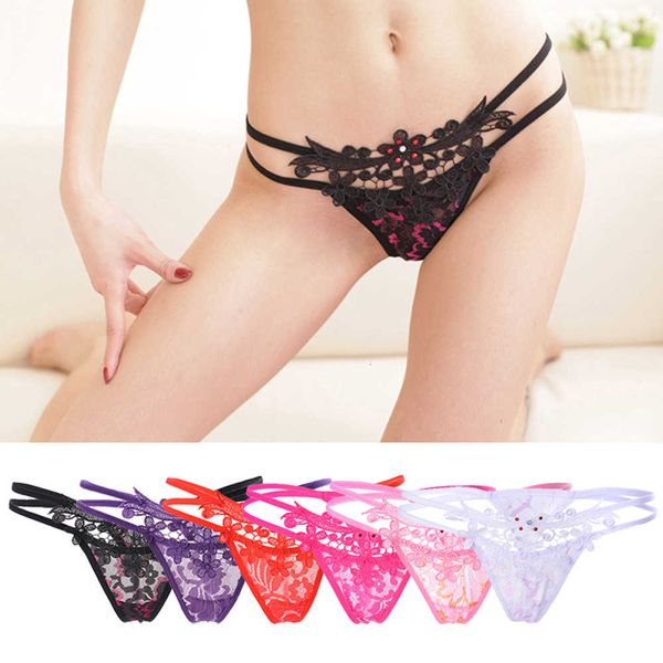 

2020 new open comfortable transparent women lady flower lace slips g-string thongs underwear, Black;pink