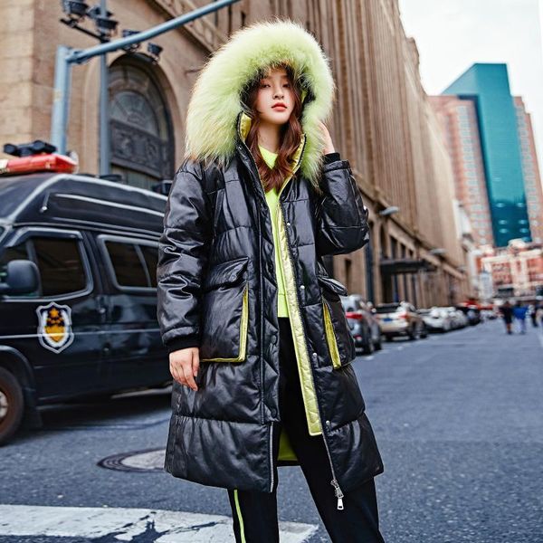 

women's leather & faux hooded real raccoon fur genuine duck down jacket women winter coat female 2021 korean 100% sheepskin hiver 090, Black