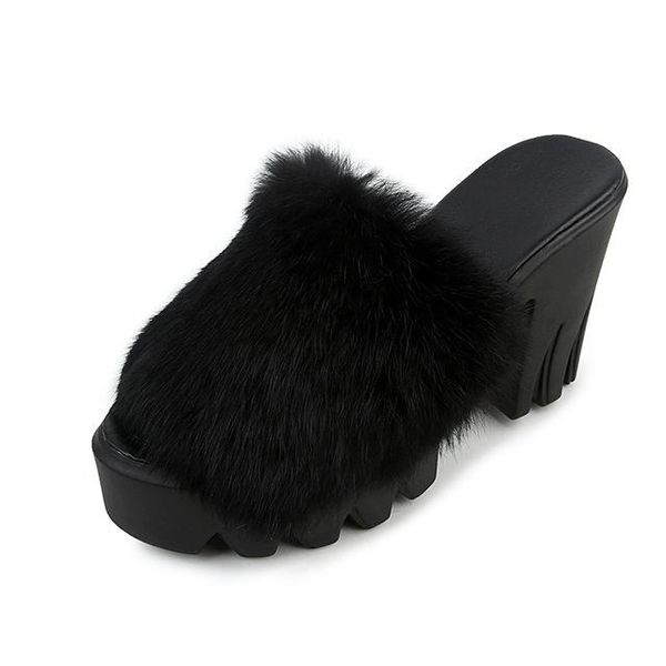 

slippers xiaying smile autumn and winter thick bottom fur women's word medium heel casual shoes, Black