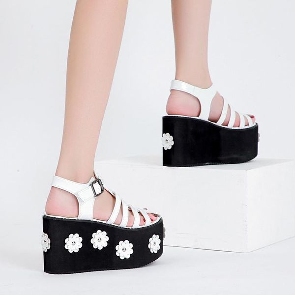 

sandals brand women's platform gladiator ladies white shoes woman wedges high heels summer flower demonia, Black