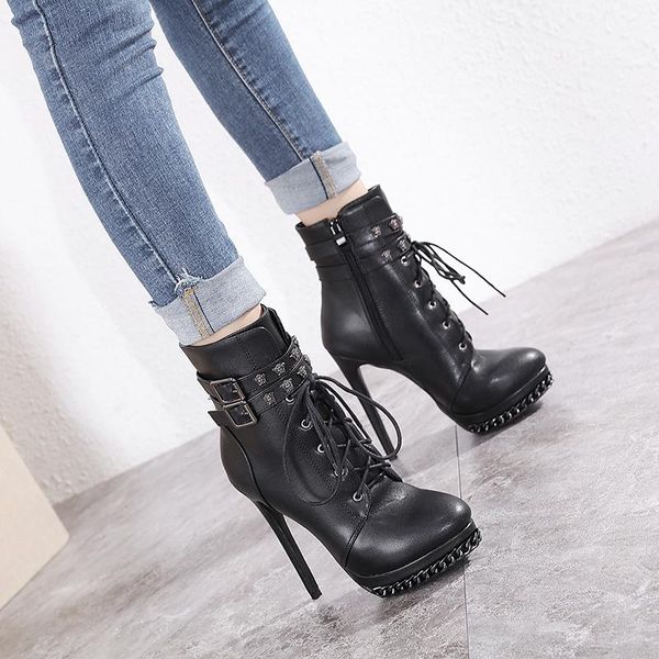 

boots classic rivet lace buckle 13cm super high heel stiletto female, Black
