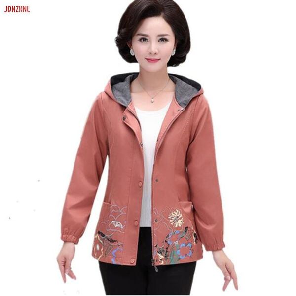 

women's trench coats autumn spring large size windbreaker jacket loose casual hooded short long-sleeved print thin middle-aged women a, Tan;black