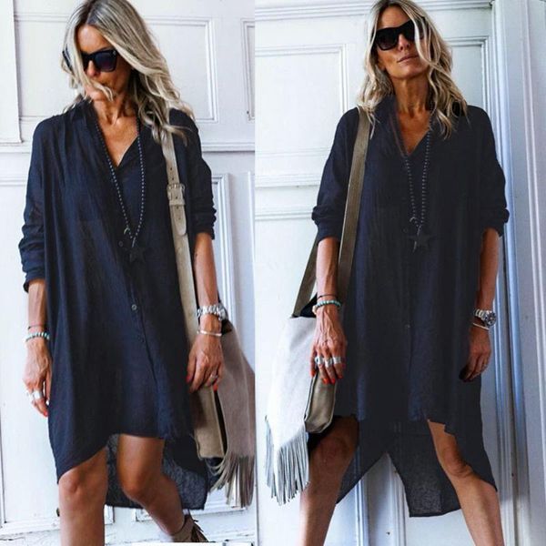 

casual dresses fashion long sleeve irregular solid women's dress 2021 autumn deep v-neck ruffled button loose midi vestidos, Black;gray