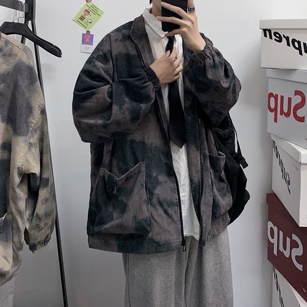 

2021 New Korean Cotton Tie-dye Men's Fashion Retro Casual Camouflage Jackets Mens Streetwear Loose Hip-hop Bomber Jacket Men S-2xl Oq95, Black;brown