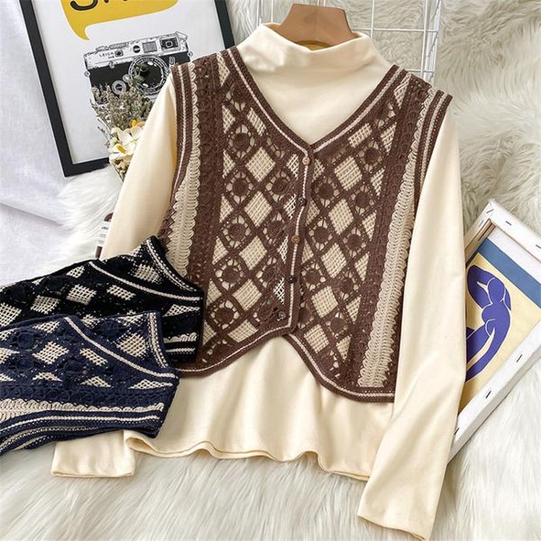

women's vests 2021 spring autumn chic retro boho crochet hollow out vest women sleeveless waistcoat short single breasted outwear chale, Black;white