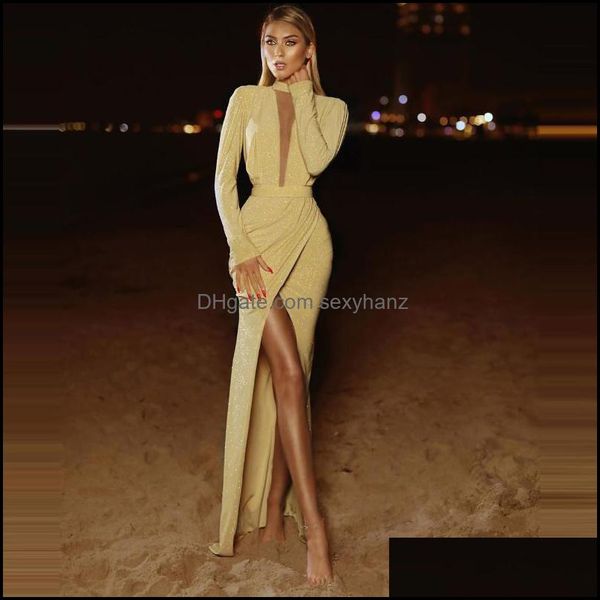 Partykleider Damenbekleidung Bekleidung Arabisches Abendkleid Abendkleider Bling Gold Lange Ärmel Neckholder Hoher Schlitz Offener Rücken S Arabia Sex