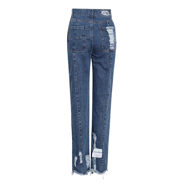 

casual hole jeans for women high waist patchwork tassel straight streetwear denim pants female fashion new stylish, Black;white