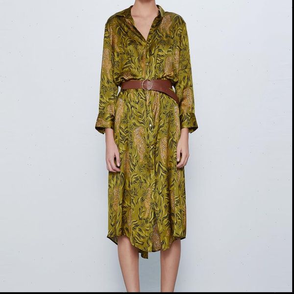 

fashion za print dress women summer 2021 lapel long sleeve front button female elegant office contrasting belt midi dresses, Black;gray