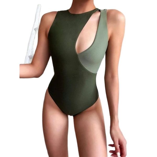 

one-piece suits 2021 women hollow out green patchwork one piece swimsuit monokini swimwear badpak dames