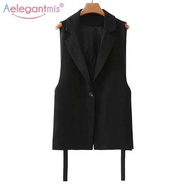 

women's vests aelegantmis fashion solid lace up long women vintage design white loose waistcoats korean black vest outwear, Black;white