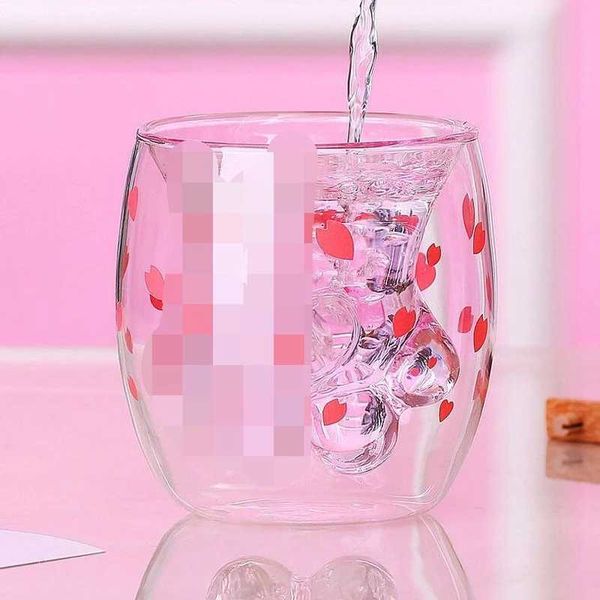 

cute sakura cat paw claw cup floral cherry double layer glass coffee milk mug cartoon transparent kawaii gift for chritmas 210716