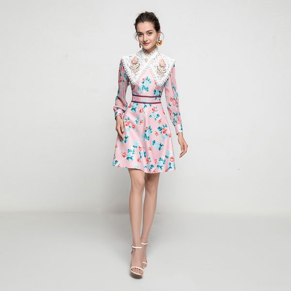 

mini dress runway spring new women's fashion party vintage elegant chic lace embroidery patchwork flower print dresses bswf, Black;gray