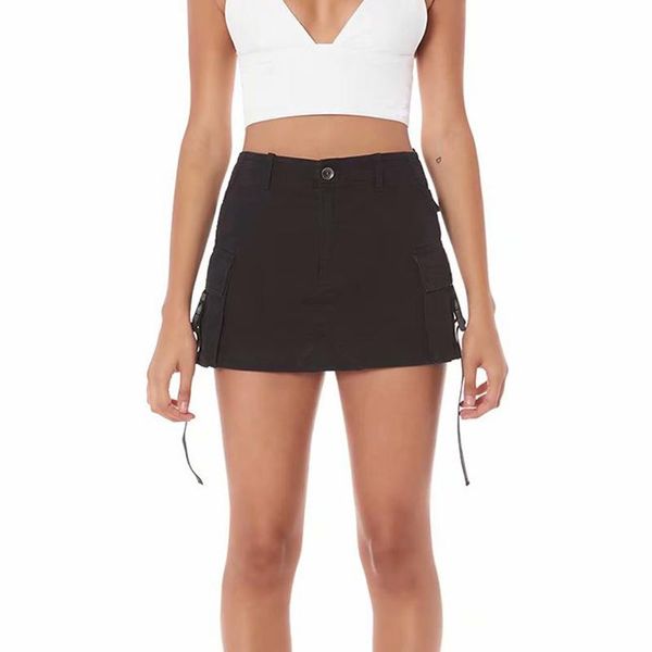 

skirts summer women casual solid mini skirt high waist side pockets design narrow ribbon, Black