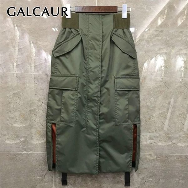 

galcaur straight skirt for women high waist patchwork pockets hit color loose high street skirts female autumn clothing new 210310, Black