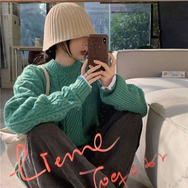 

fashion twist green sweater women's pullover lazy wind split spring korean version thickened loose outer wear knitted coat luxury, White;black