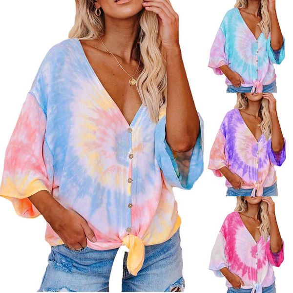 

women's t-shirt plus size women vortex 2021 summer casual bat short sleeve v-neck button tshirt fashion street tee tie dye print top, White