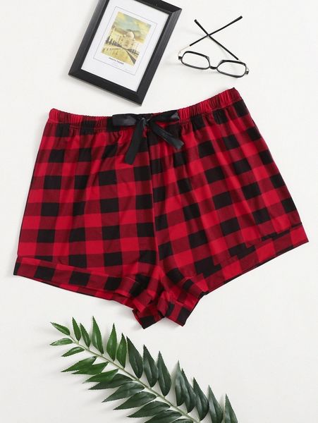 

plus buffalo plaid bow front sleep shorts l42y#, Black;white