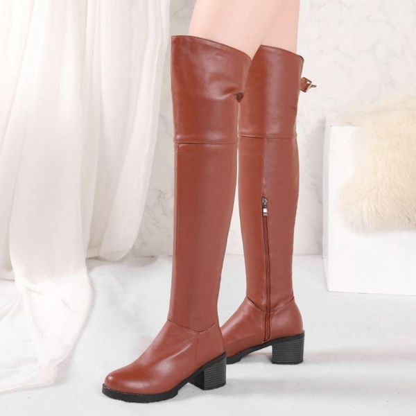 

boots fanyuan solid color women over the knee zipper round toe square heels shoes winter warm footwear size 34-43, Black