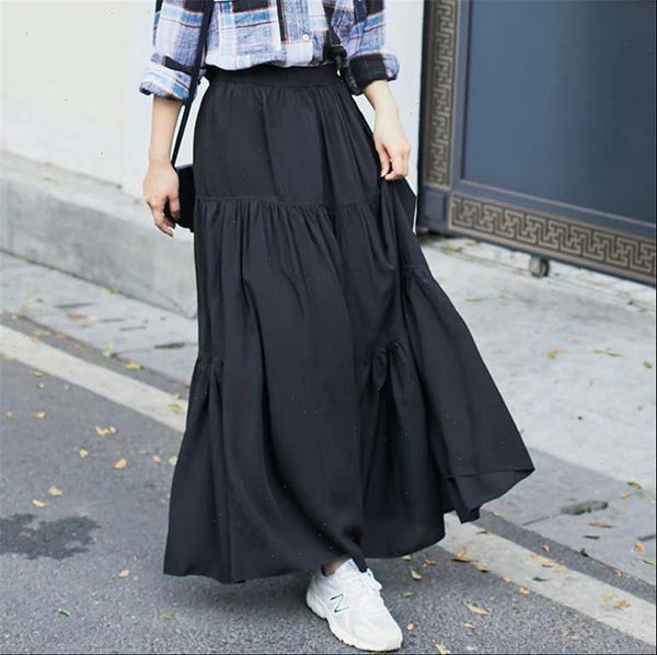 

2021 spring autumn women high waist pleated cotton linen skirts,m 6xl 7xl plus size korea casual maxi skirts long party skirt, Black