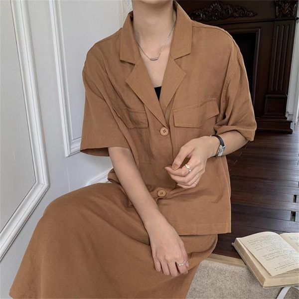 

two piece dress hzirip 2021 stylish cotton linen retro women summer chic elegant blazers+ high waist loose casual skirts suits 2 sets, White