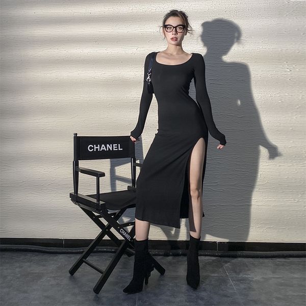 

2021 new spring all-match cotton high slit women's vintage turtleneck skirt thin long dress b6do, Black;gray