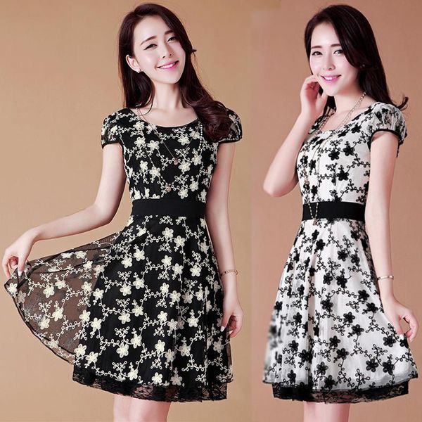 

new summer sweet girls embroidery lace suit elegant ladies short sleeve lace dresses, Black;gray