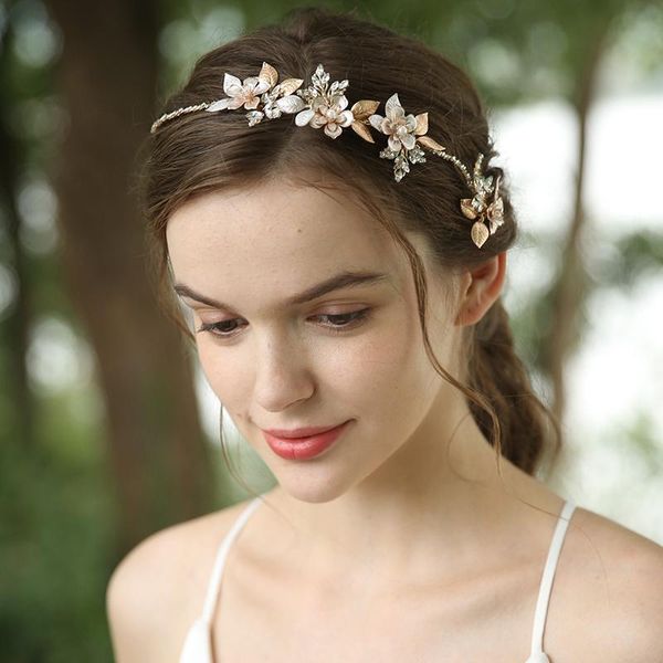 

boho gold floral hair crown bridal tiara women leaf hairband hand wired wedding headband hair piece accessories, Golden;silver
