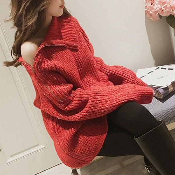

women's sweaters sweater women turtleneck off shoulder knitted zipped elegant pullover solid 2021 autumn winter red jumpers, White;black