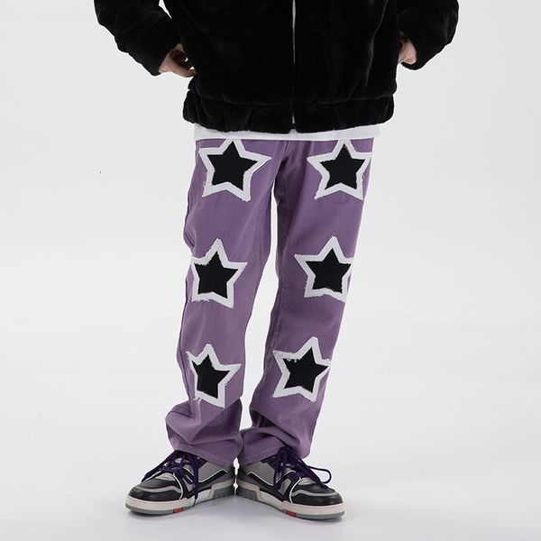 

new 2021 embroidery stars frayed jeans men and women streetwear washed retro denim trousers hip hop casual baggy pants pwwr, Blue