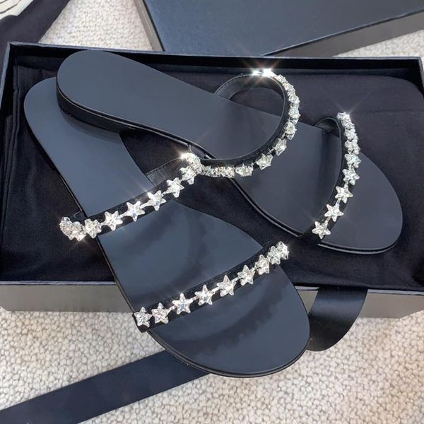 

ins summer star diamonds straps slipper bling bling rhinestones open toe crystal flat sandals, Black