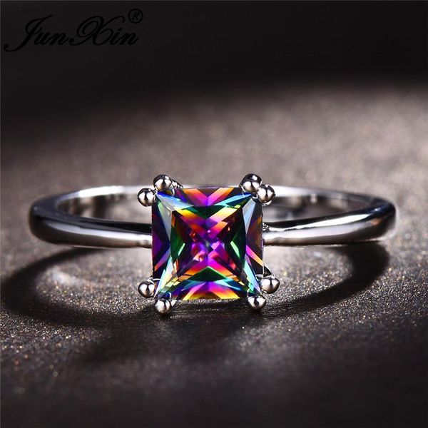 

wedding rings junxin multicolor stone rainbow fire birthstone for women 925 sterling silver filled purple blue zircon thin ring, Slivery;golden