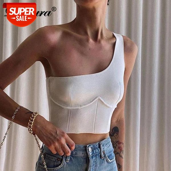 

dulzura patchwork women solid one shoulder tanks corset crops bodycon party club streetwear elegant 2021 summer #au0x, White