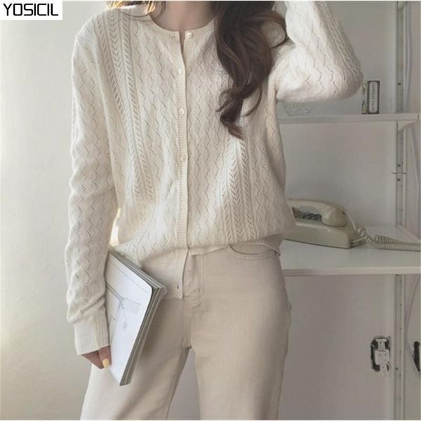 

yosicil women elegant o sweater hollow out cardigan long sleeve chic knitted cardigans single breasted outerwear, White
