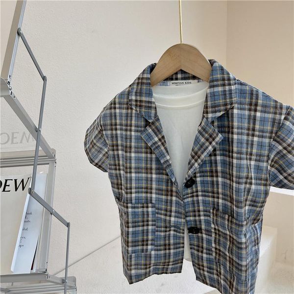 

jackets baby boys short sleeve blazer coats summer fashion kids plaid cotton shirt lapel casual for boy children clothes, Blue;gray