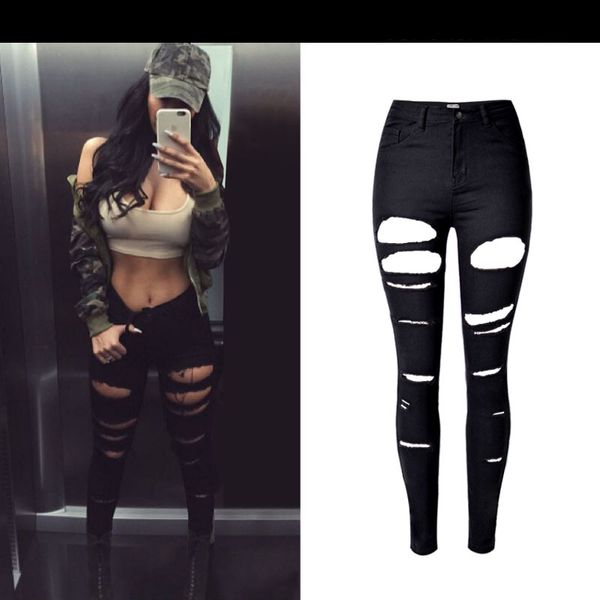 

2021 new high waist woman ripped for chic hole denim pants mujer oversize women black ny jeans volv, Blue