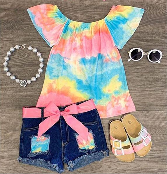 

summer toddler baby girl clothes sets off shoudler flower print denim ripped short pants 2pcs outfits casual, White