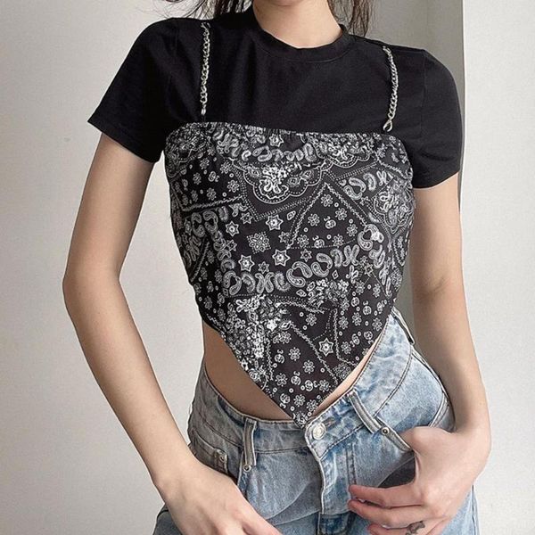 

women's t-shirt women fake 2 piece cashew print summer chain short sleeve for night club fashion clothing, White