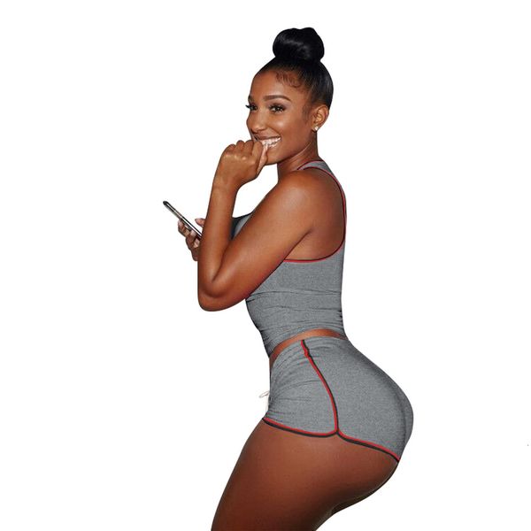 

solid fitness training suit women sports pack 2021 round neck mouwlless tank and sportive workout biker short stretch 2-piece set, Gray