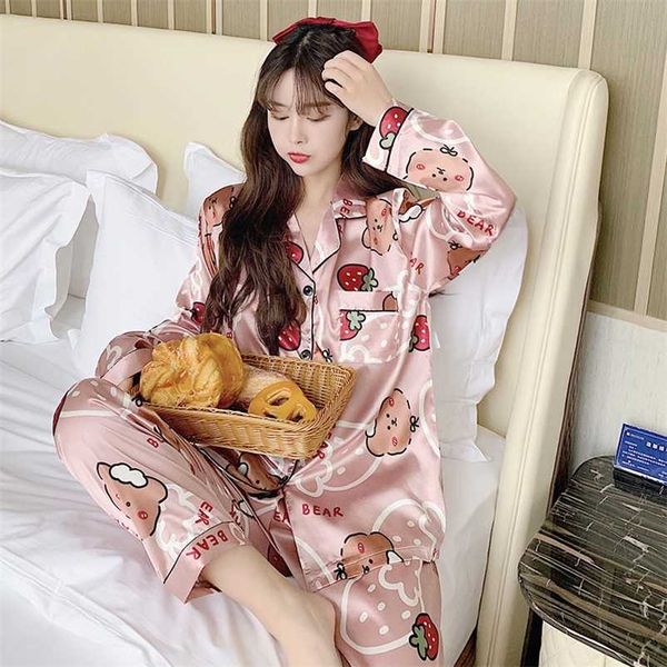 

women sleepwear autumn pajamas set fake silk print sweet women pijama set girl nightgown loose waist long pant silk pajamas sets 211007, Black;red
