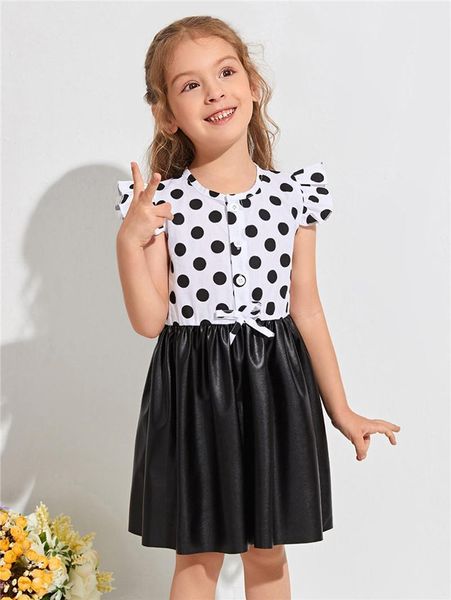 

girl's dresses little girl\u2021s summer sleeve dress sweet polka dot button down leather stitching a-line princess 1-8years, Red;yellow