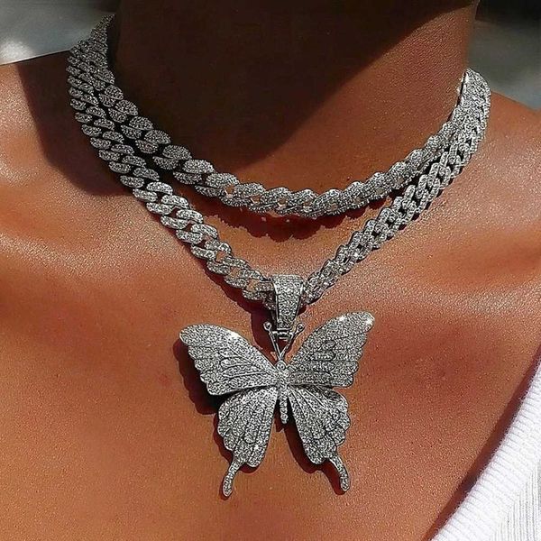 

star butterfly cuban link choker iced out cute for women hip hop rhinestone inital pendant necklace designer jewelry, Silver