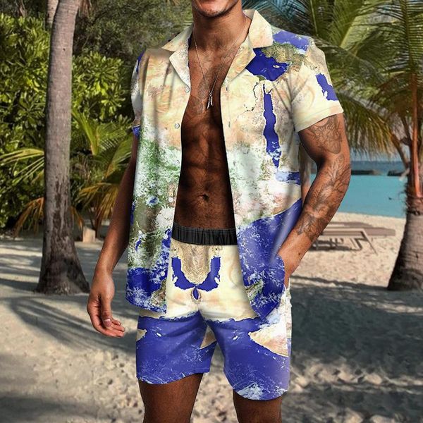 

men's tracksuits male hawaiian sets printing 2021 summer short sleeve button shirt beach shorts streetwear casual mens suit 2 pieces s-, Gray