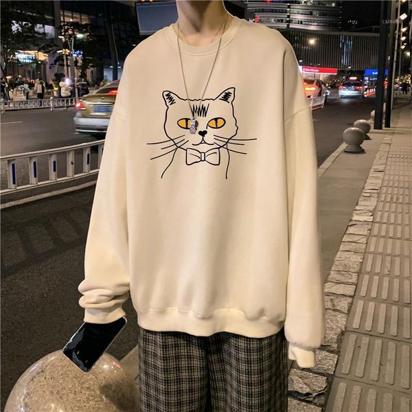 

men's hoodies & sweatshirts winter tide cartoon printed fleece hoodie loose ins hong kong style couple trend all-match round neck cloth, Black