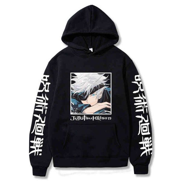 

japane anime jujutsu kaisen gojo sator printed hooded sweatshirt casual long sve sweatshirts autumn winter pullover hoodie, Black