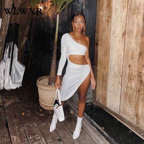 

casual dresses wlwxr one shoulder dress women streetwear solid long sleeve hollow out female beach bodycon wrap side slit ladies, Black;gray