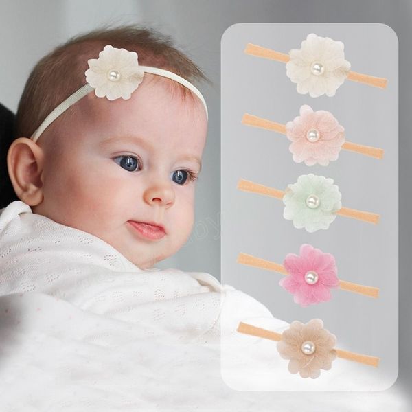 

baby girl fashion pearl flowers elastic nylon hairband cute princess headband children headwear infant accessories birthday gift, Slivery;white
