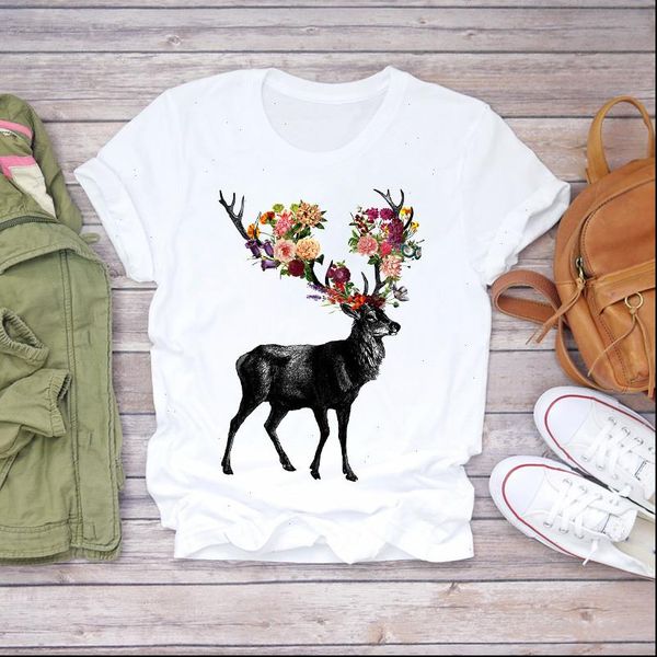

women summer deer animal christmas flower lady fashion print t shirts t shirt ladies womens graphic female tee t shirt, White